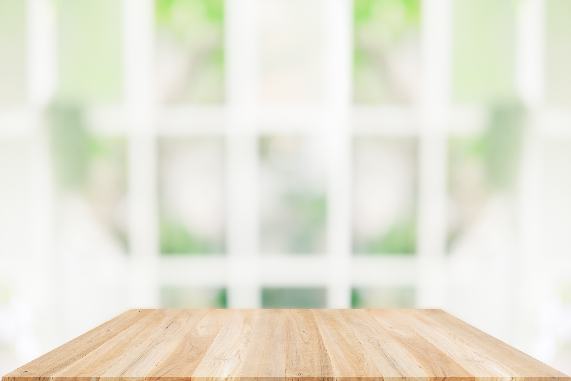 Empty Wooden Table and Blurred Window Interior Background